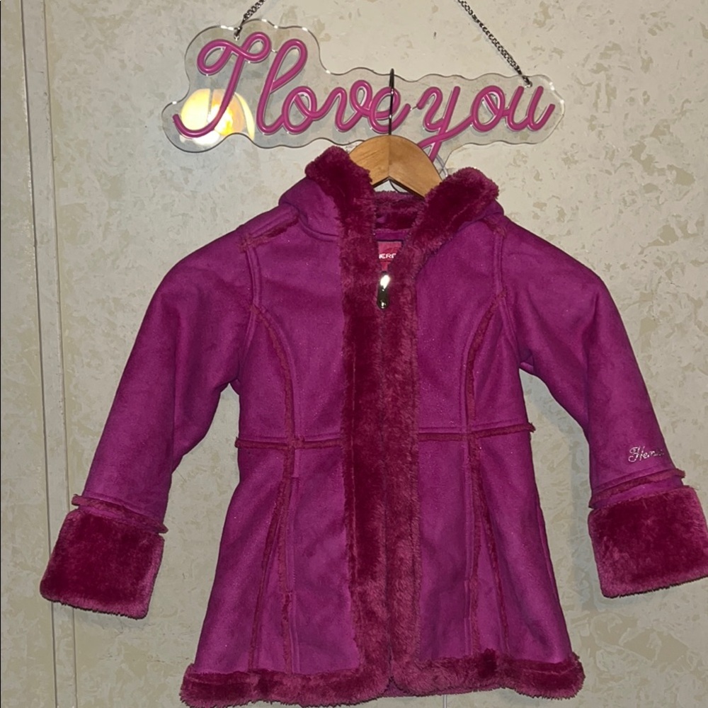 Pink Plush Trim Pea Coat with Suede-like Finish